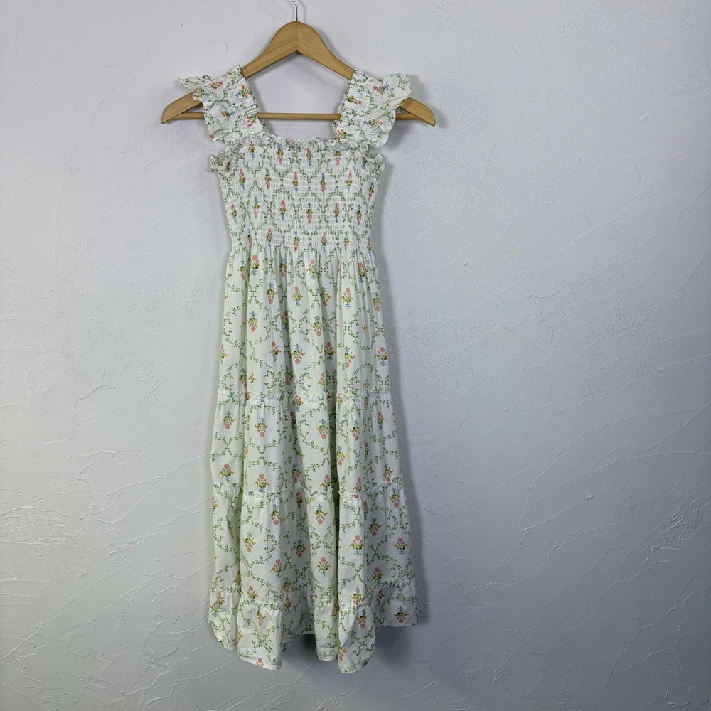 Hill House Ellie Nap Dress Women XS Pastel Trellis Floral Smocked Tiered Cottage